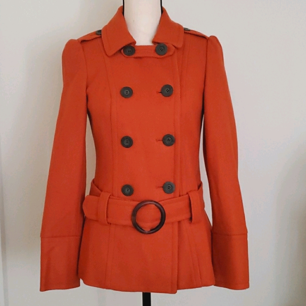 Forever21 Orange Wool Blend Belted Peacoat